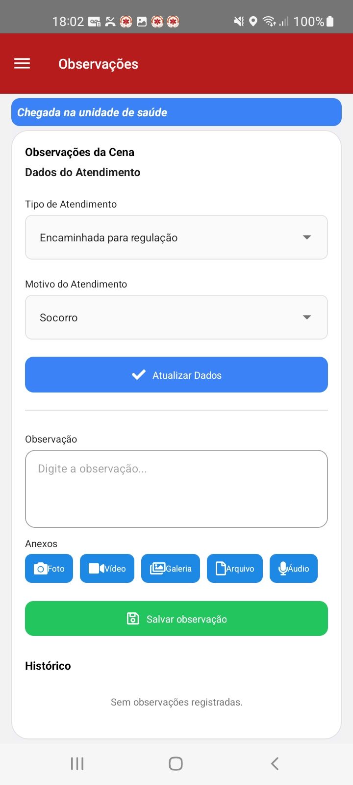 Observações da cena com anexos de mídia — app SAU 360 / SAMU 192
