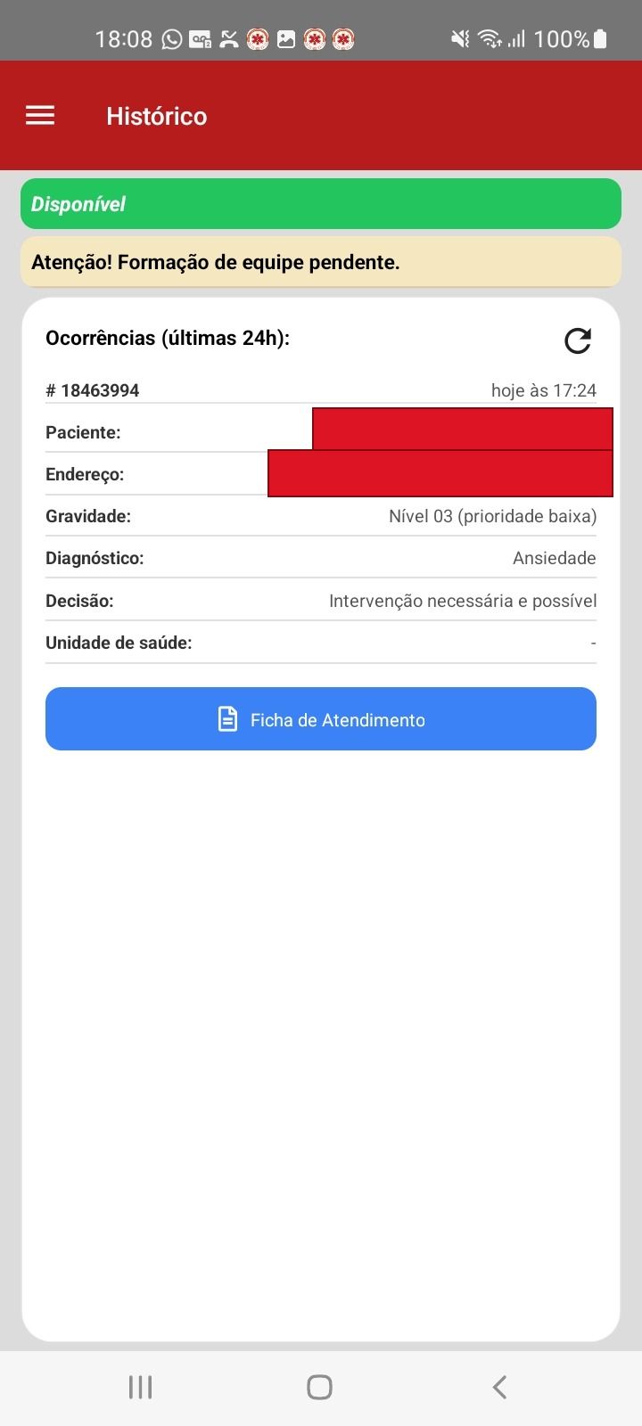 Histórico de ocorrências das últimas 24h — app SAU 360 / SAMU 192