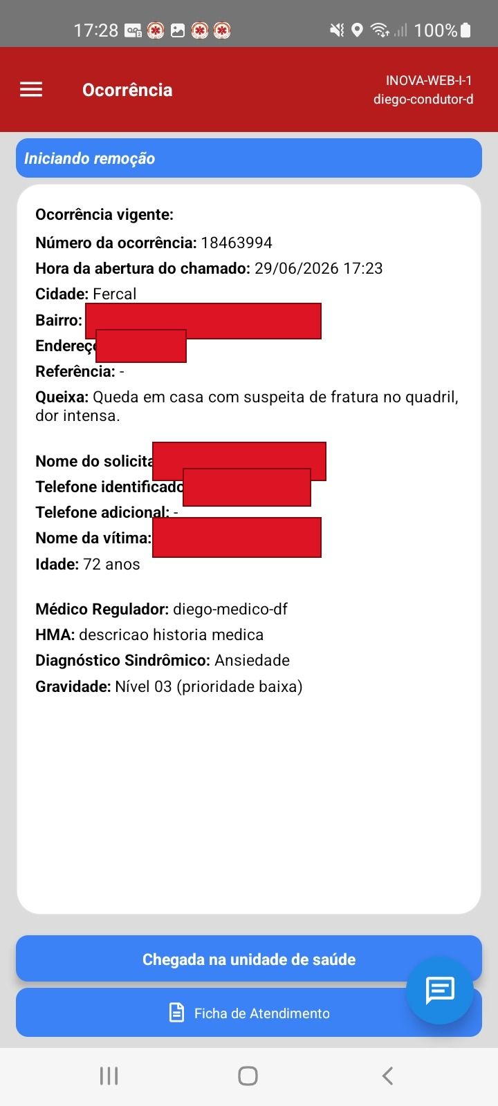 Ocorrência vigente com dados da regulação — app SAU 360 / SAMU 192