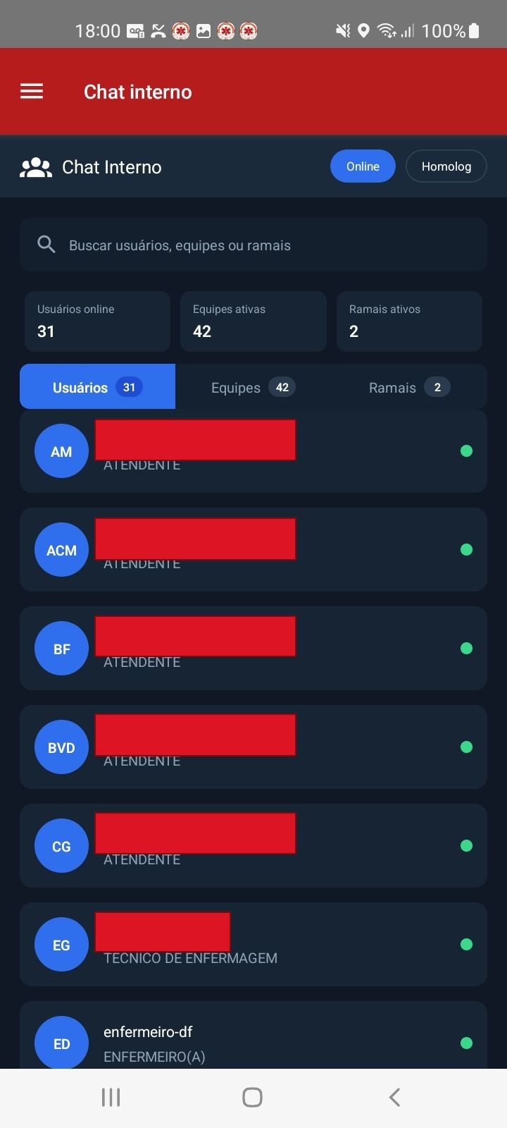Chat interno por equipes e ramais — app SAU 360 / SAMU 192