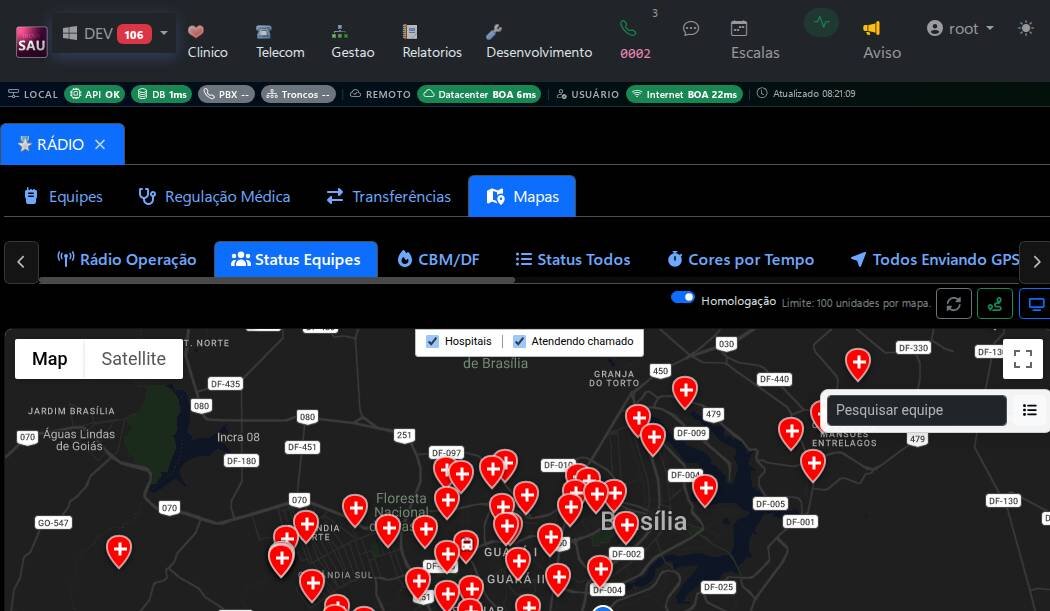 Mapa da frota com status das equipes em tempo real — app SAU 360 / SAMU 192