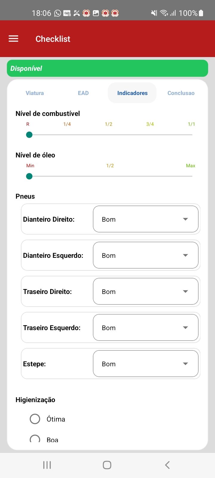 Combustível, óleo e pneus da viatura — app SAU 360 / SAMU 192