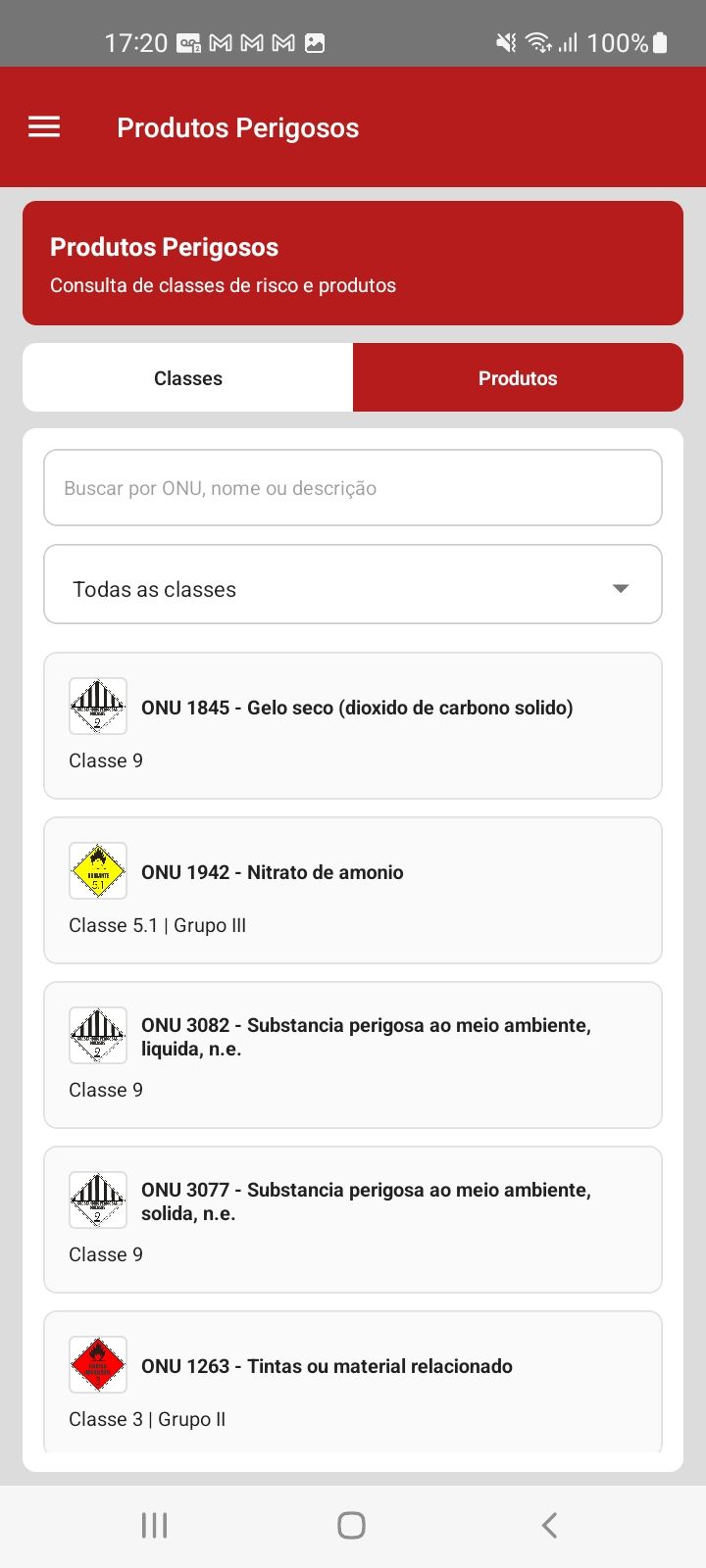 Produtos perigosos por código ONU — app SAU 360 / SAMU 192